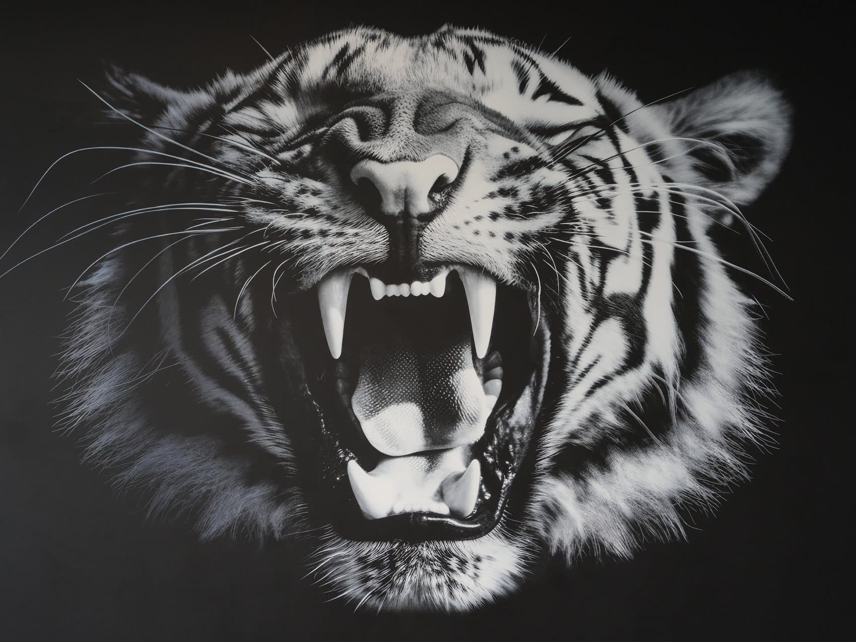 Schwarz-weisser Tiger als grossflächiger Wanddruck