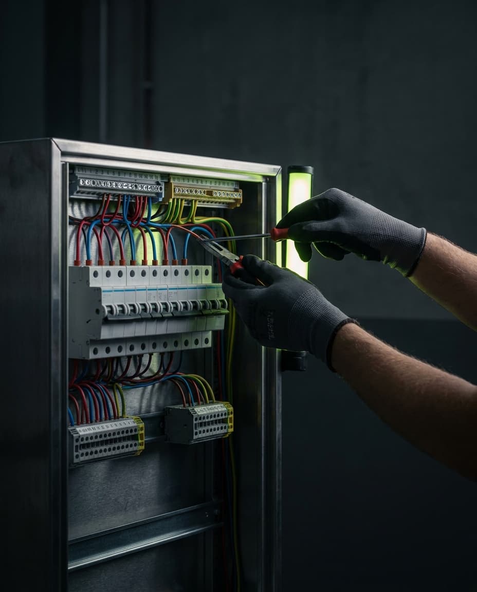 Elektriker verdrahtet eine moderne Verteilung im Werkstattlicht