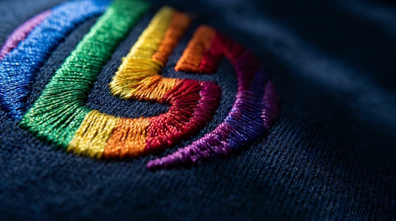 Makroaufnahme einer farbigen Stickerei auf dunklem Textil